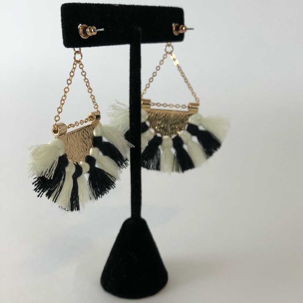 Black and White Gold Tassel Fringe Earrings - Picture 4 of 5